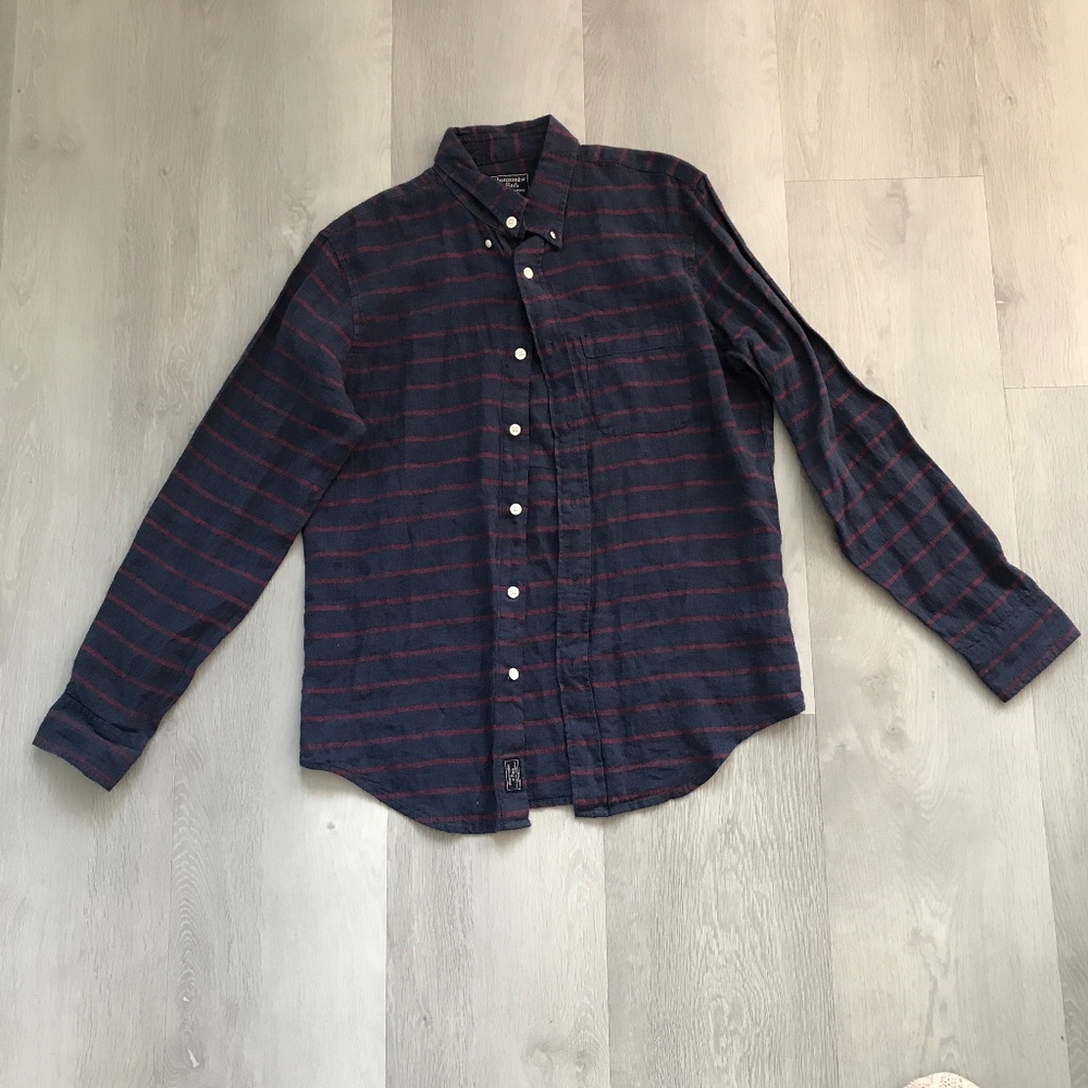 ABERCROMBIE & FITCH MENS LINEN SHIRT BLUE RED STRIPE LONG SLEEVE MEDIUM